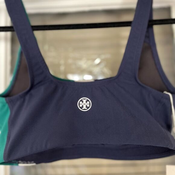 Tory Burch blue/white/green color block sports bra & highrise bike shorts set XS - Picture 11 of 14